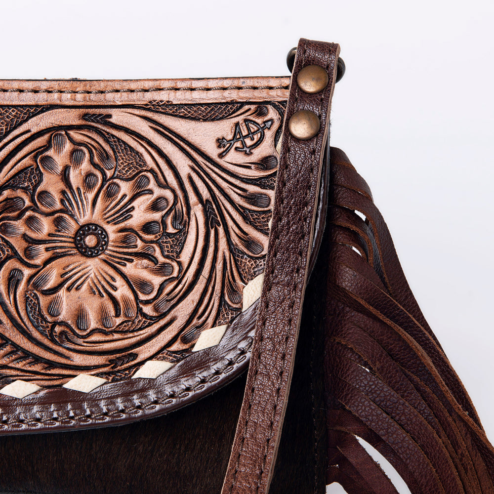 LC-ADBG924 Leather Crossbody with Hand-Tooled Floral Flap & Fringe