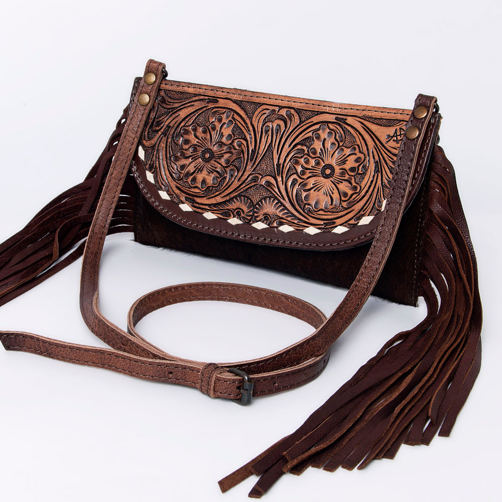 LC-ADBG924 Leather Crossbody with Hand-Tooled Floral Flap & Fringe