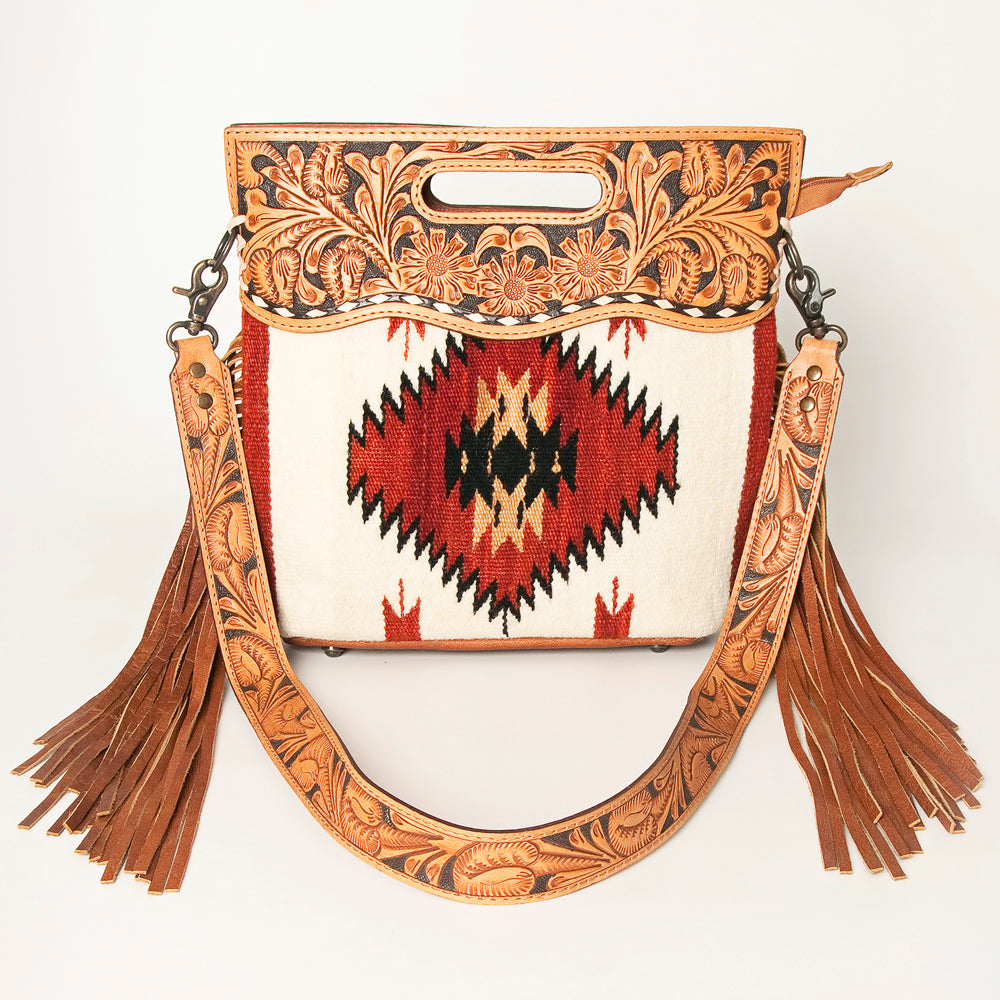 ADBGS146 Aztec Wool & Tooled Leather Shoulder Bag - Western Fringe Crossbody