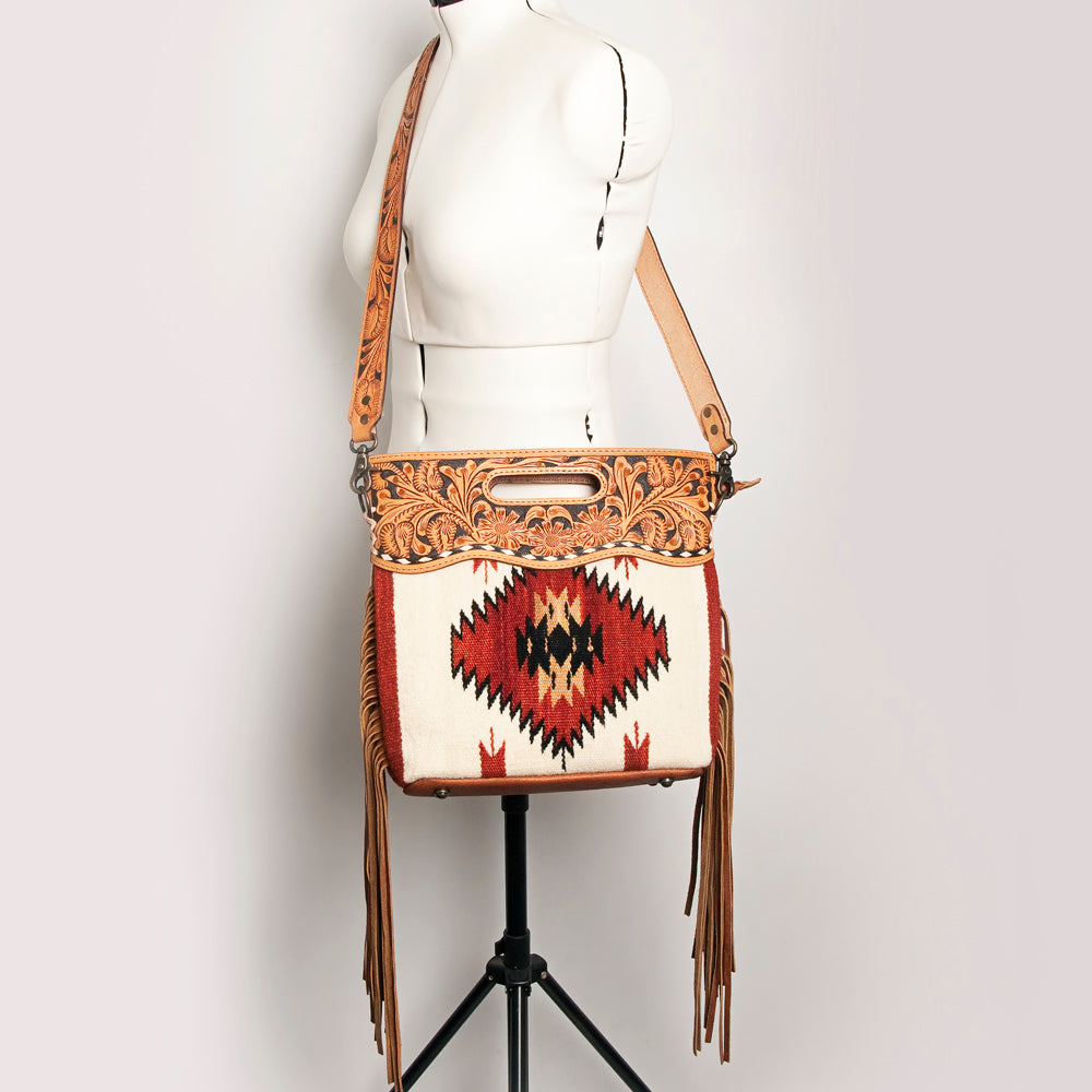 ADBGS146 Aztec Wool & Tooled Leather Shoulder Bag - Western Fringe Crossbody