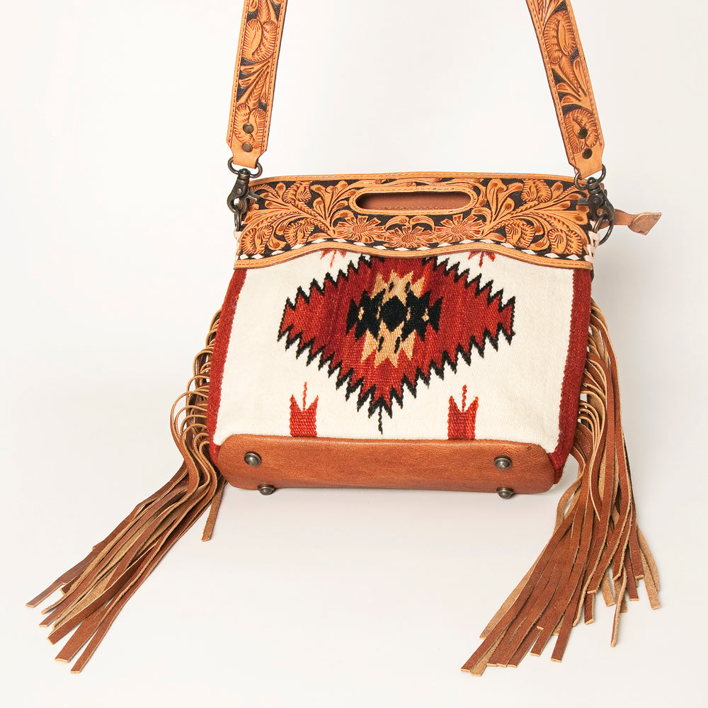 ADBGS146 Aztec Wool & Tooled Leather Shoulder Bag - Western Fringe Crossbody