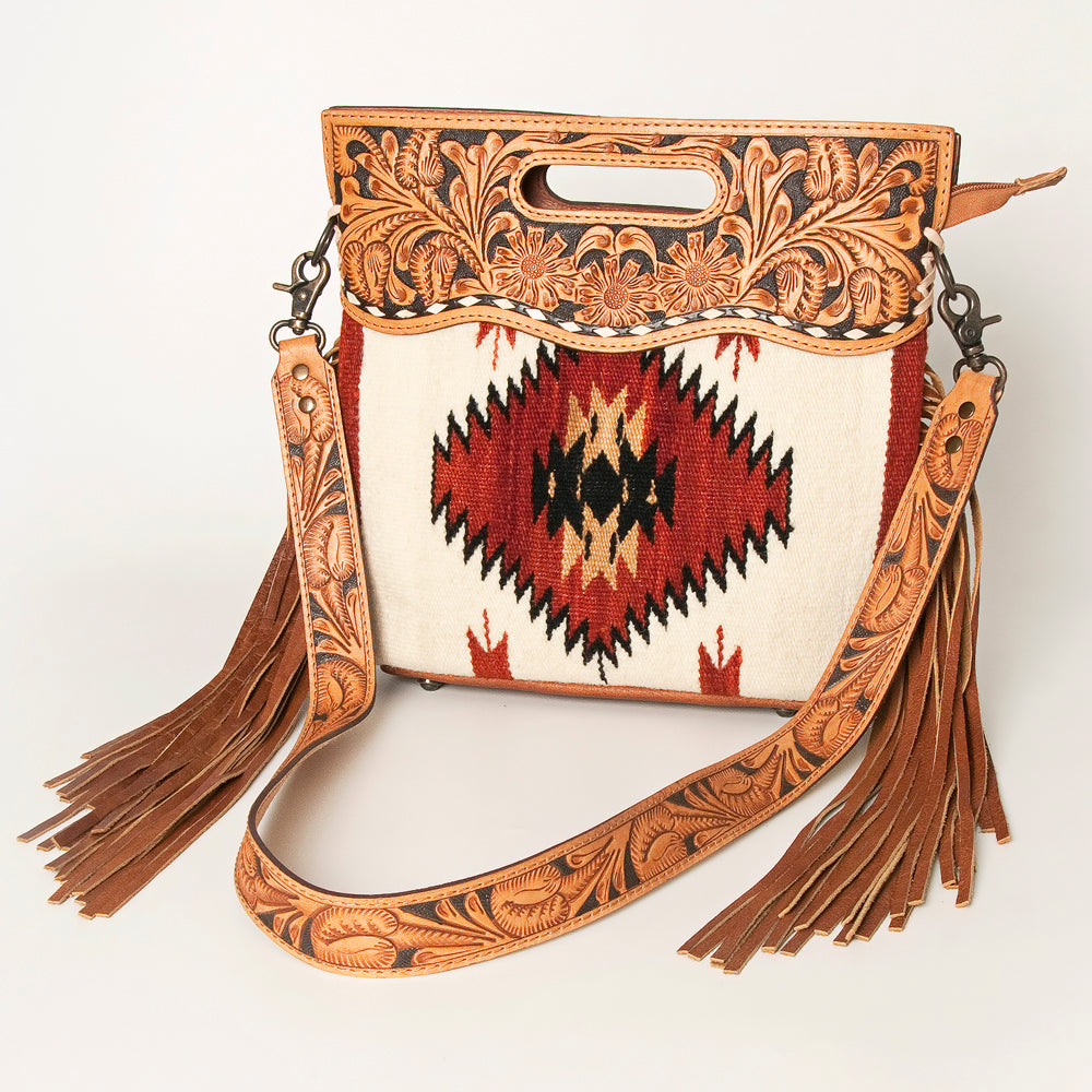 ADBGS146 Aztec Wool & Tooled Leather Shoulder Bag - Western Fringe Crossbody