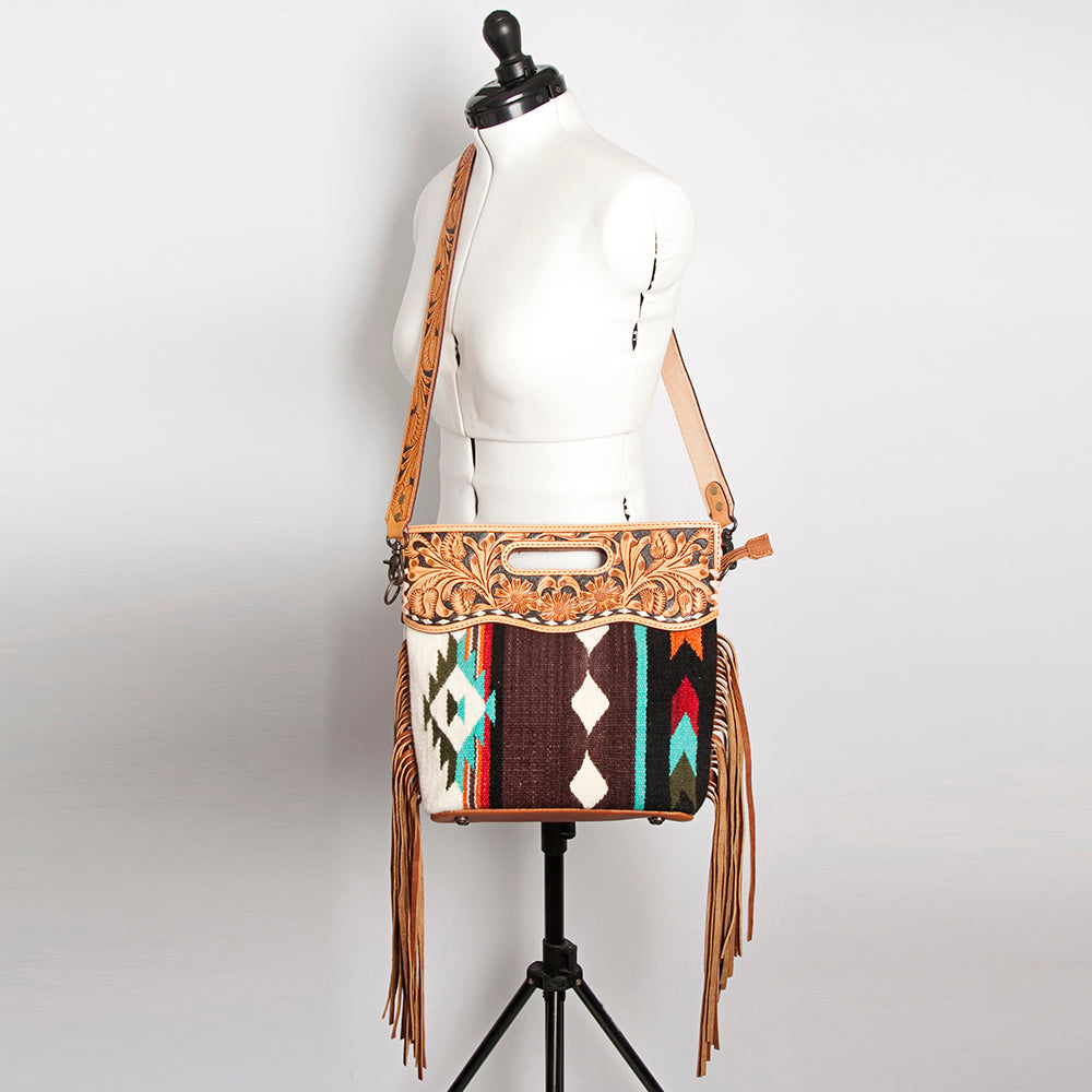 ADBGS146 Aztec Wool & Tooled Leather Shoulder Bag - Western Fringe Crossbody