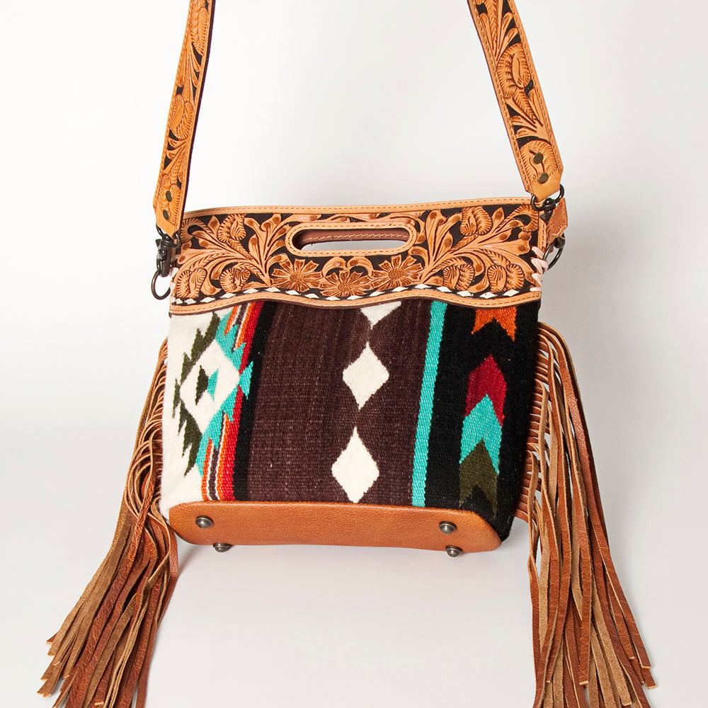 ADBGS146 Aztec Wool & Tooled Leather Shoulder Bag - Western Fringe Crossbody