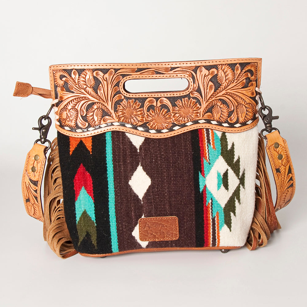 ADBGS146 Aztec Wool & Tooled Leather Shoulder Bag - Western Fringe Crossbody