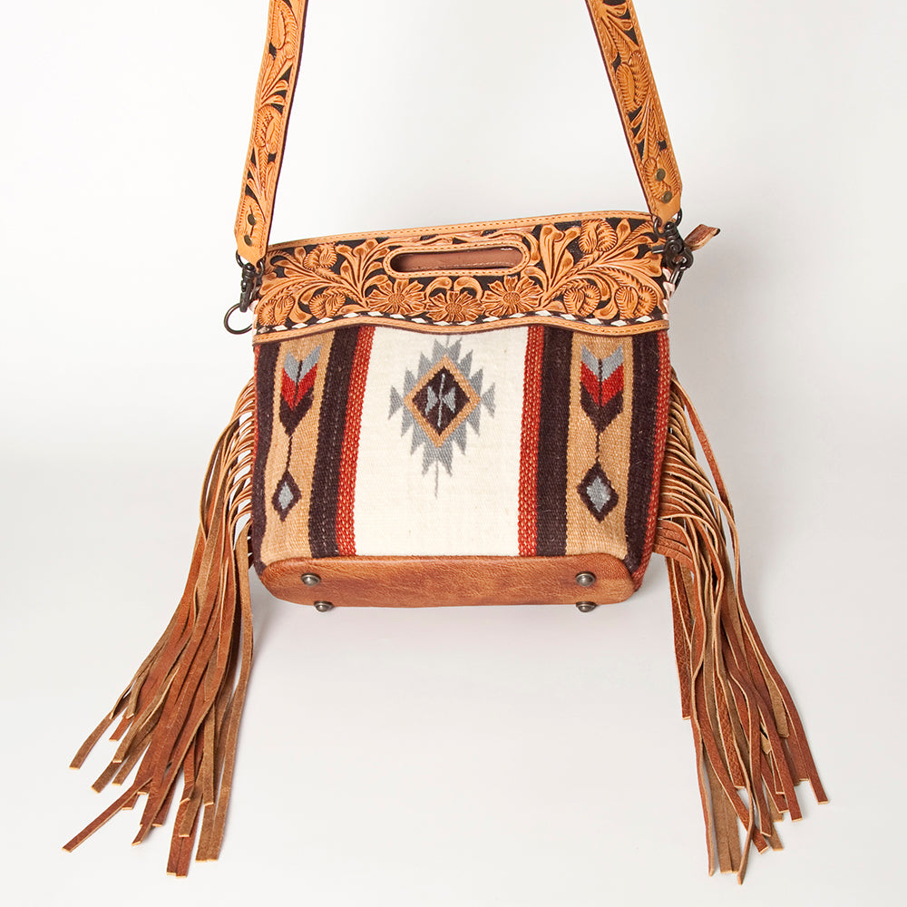 ADBGS146 Aztec Wool & Tooled Leather Shoulder Bag - Western Fringe Crossbody