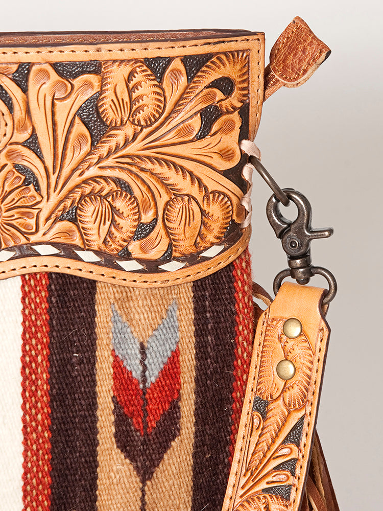 ADBGS146 Aztec Wool & Tooled Leather Shoulder Bag - Western Fringe Crossbody