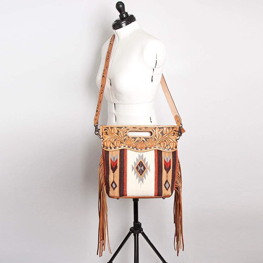 ADBGS146 Aztec Wool & Tooled Leather Shoulder Bag - Western Fringe Crossbody