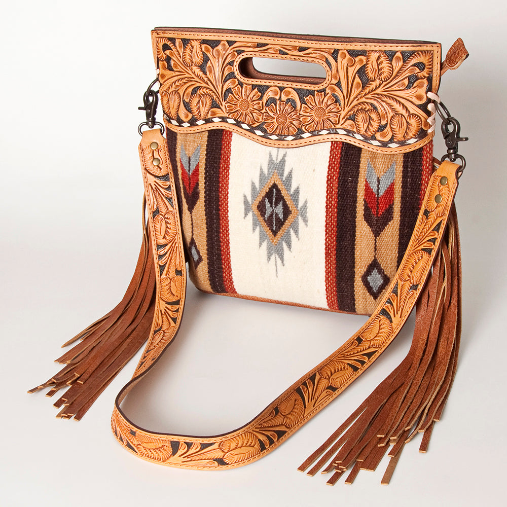 ADBGS146 Aztec Wool & Tooled Leather Shoulder Bag - Western Fringe Crossbody
