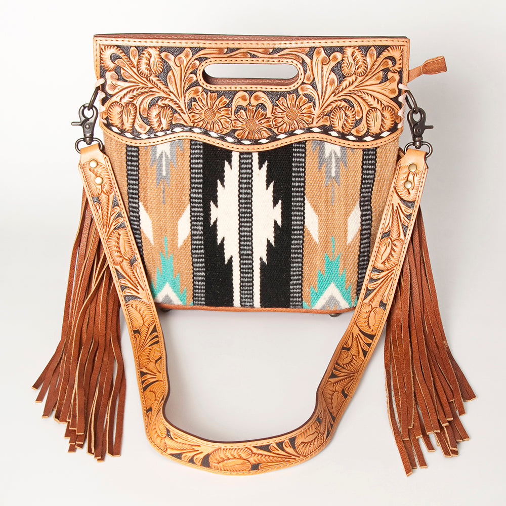 ADBGS146 Aztec Wool & Tooled Leather Shoulder Bag - Western Fringe Crossbody