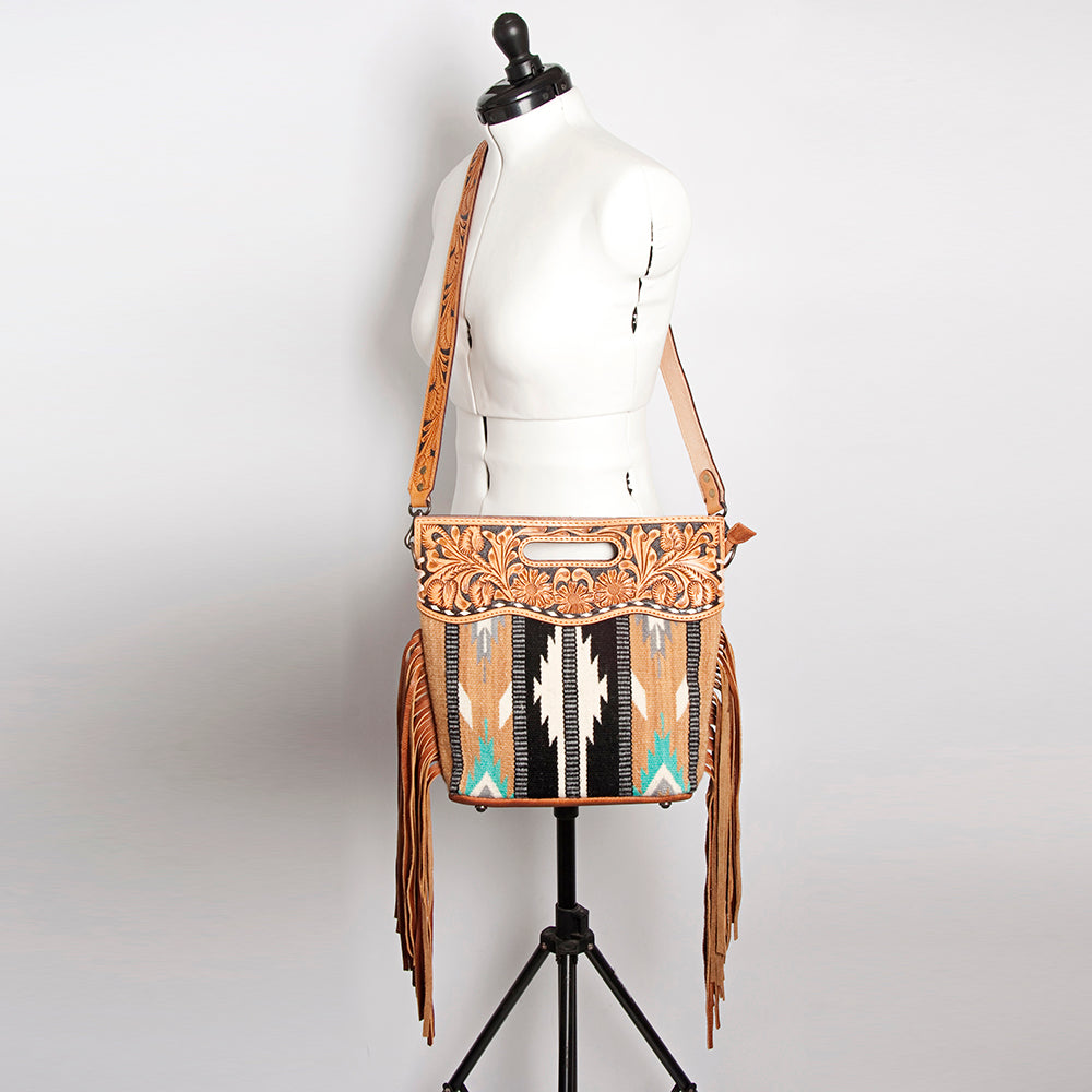 ADBGS146 Aztec Wool & Tooled Leather Shoulder Bag - Western Fringe Crossbody