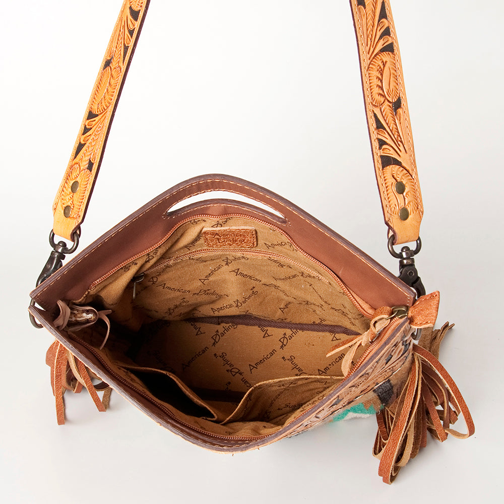 ADBGS146 Aztec Wool & Tooled Leather Shoulder Bag - Western Fringe Crossbody