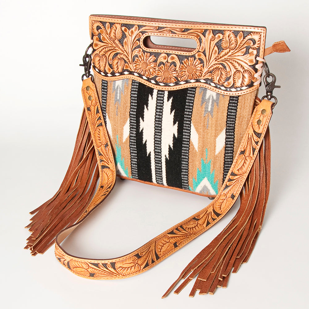 ADBGS146 Aztec Wool & Tooled Leather Shoulder Bag - Western Fringe Crossbody
