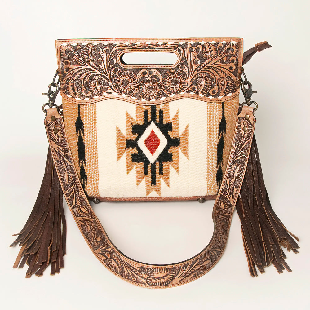ADBGS146 Aztec Wool & Tooled Leather Shoulder Bag - Western Fringe Crossbody