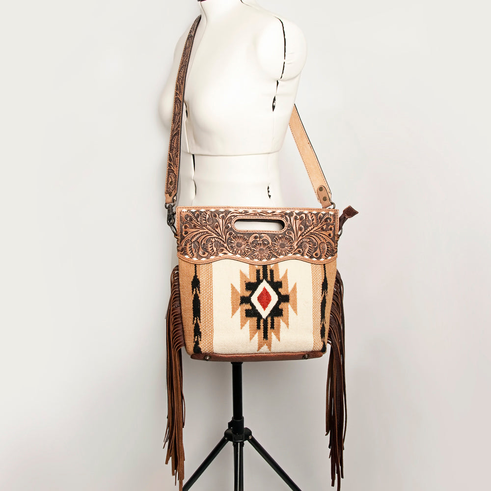 ADBGS146 Aztec Wool & Tooled Leather Shoulder Bag - Western Fringe Crossbody