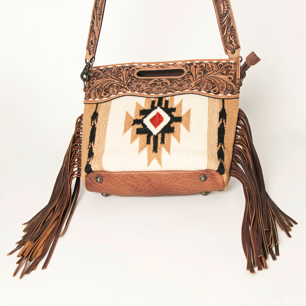 ADBGS146 Aztec Wool & Tooled Leather Shoulder Bag - Western Fringe Crossbody