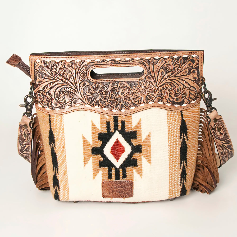 ADBGS146 Aztec Wool & Tooled Leather Shoulder Bag - Western Fringe Crossbody