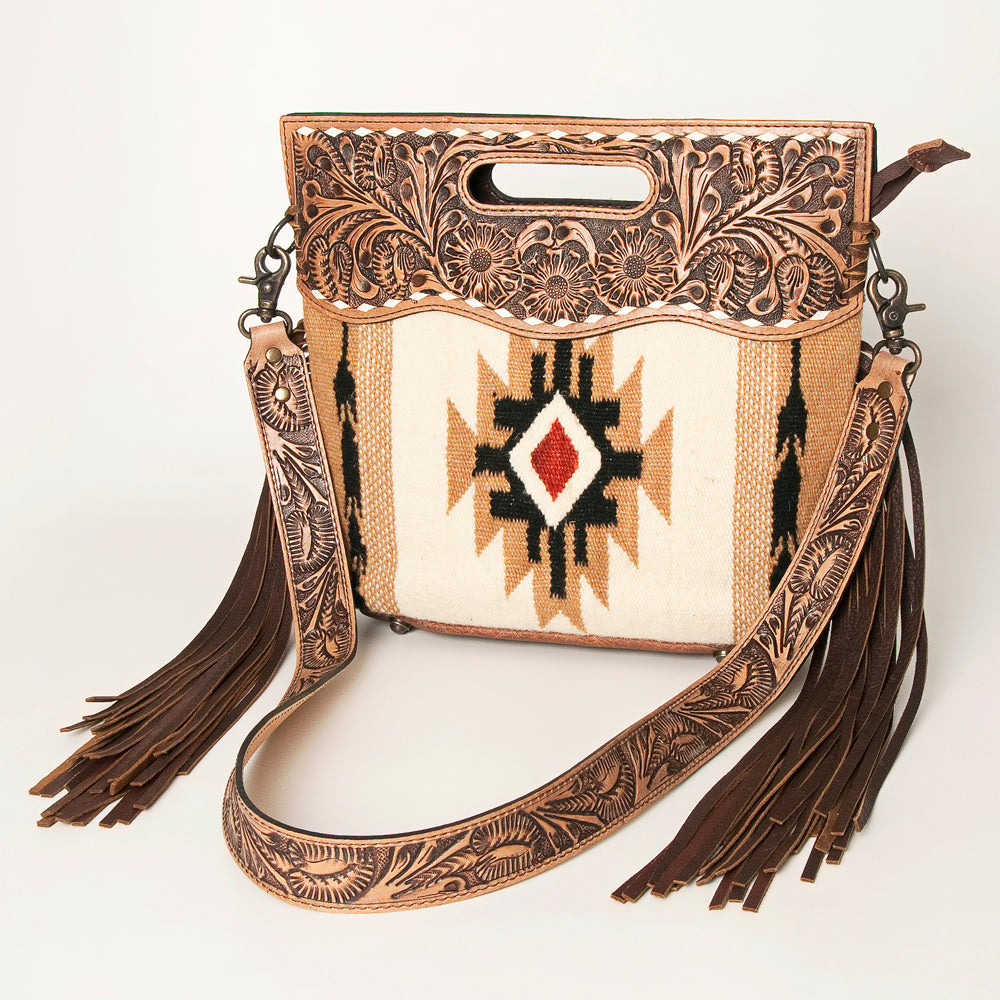 ADBGS146 Aztec Wool & Tooled Leather Shoulder Bag - Western Fringe Crossbody