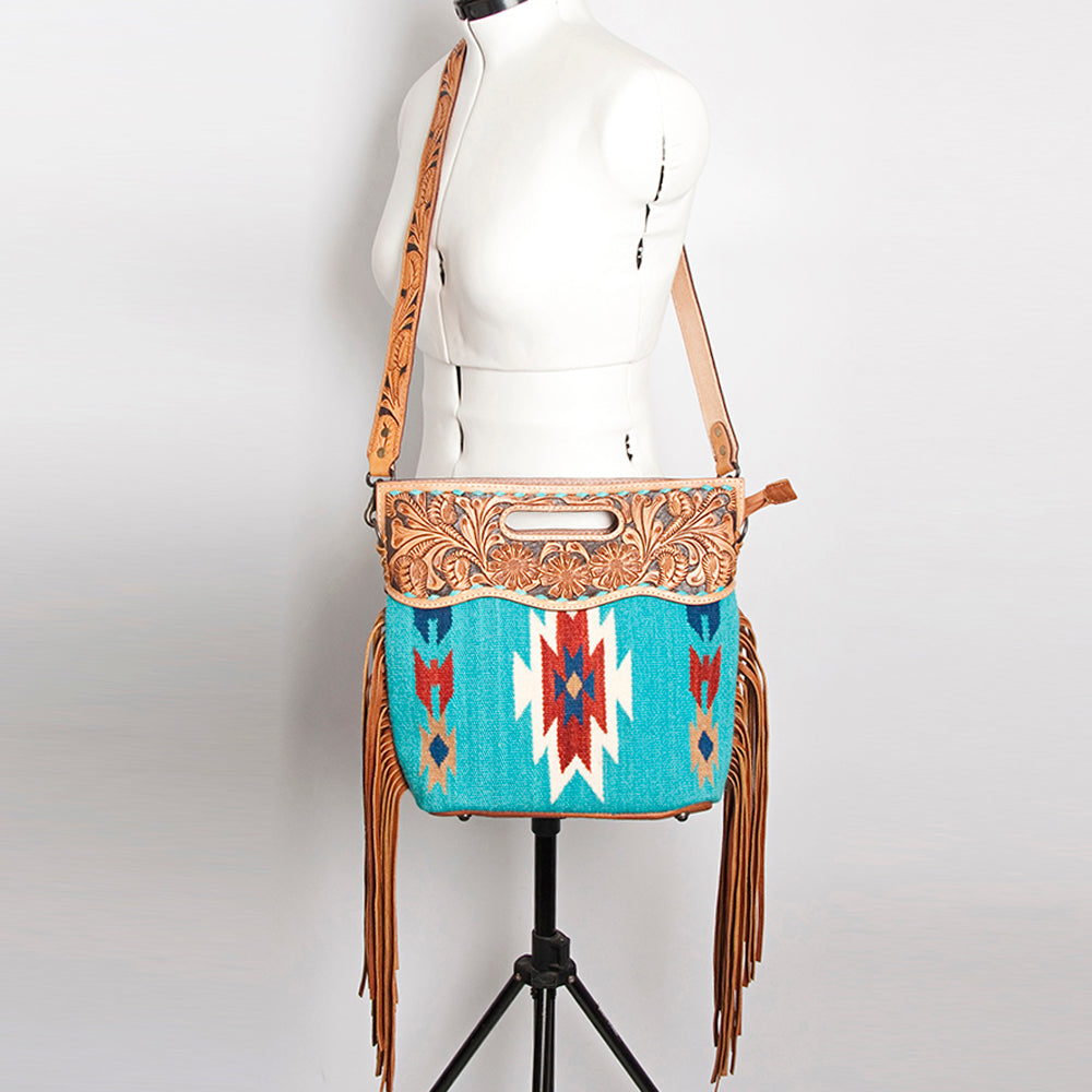 ADBGS146 Aztec Wool & Tooled Leather Shoulder Bag - Western Fringe Crossbody