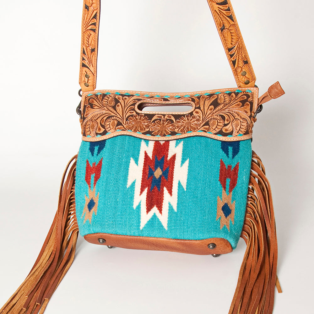 ADBGS146 Aztec Wool & Tooled Leather Shoulder Bag - Western Fringe Crossbody