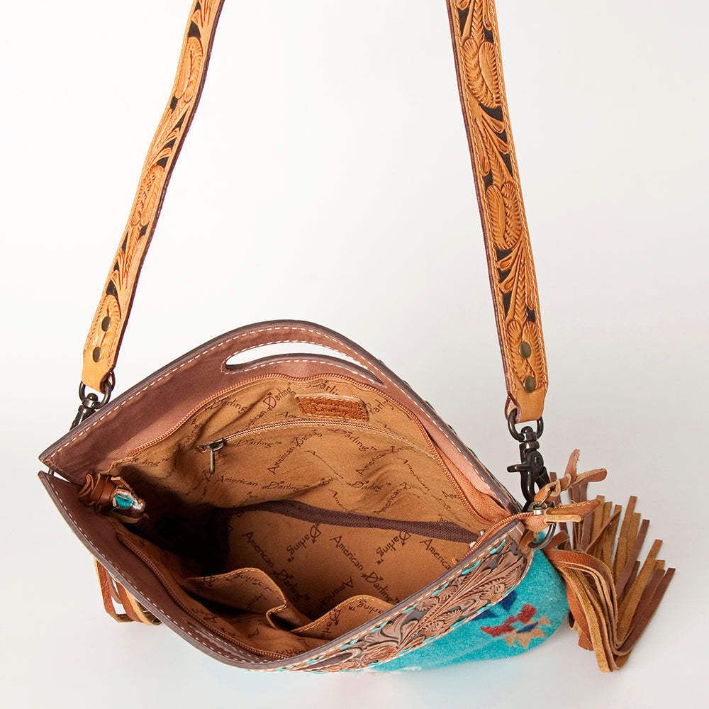 ADBGS146 Aztec Wool & Tooled Leather Shoulder Bag - Western Fringe Crossbody