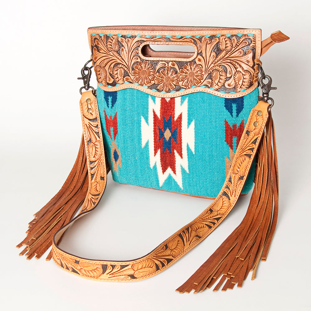 ADBGS146 Aztec Wool & Tooled Leather Shoulder Bag - Western Fringe Crossbody