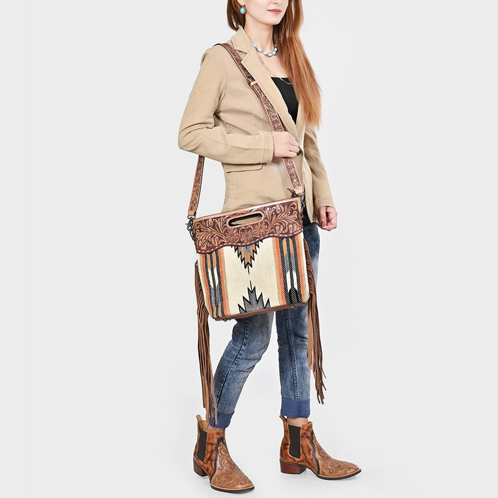 ADBGS146 Aztec Wool & Tooled Leather Shoulder Bag - Western Fringe Crossbody