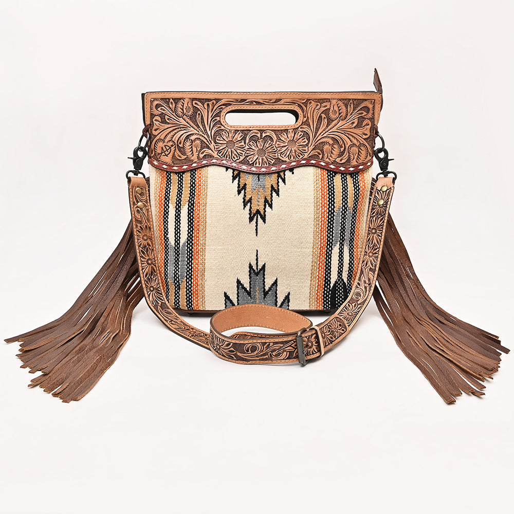 ADBGS146 Aztec Wool & Tooled Leather Shoulder Bag - Western Fringe Crossbody