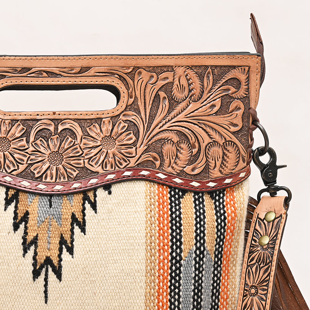 ADBGS146 Aztec Wool & Tooled Leather Shoulder Bag - Western Fringe Crossbody