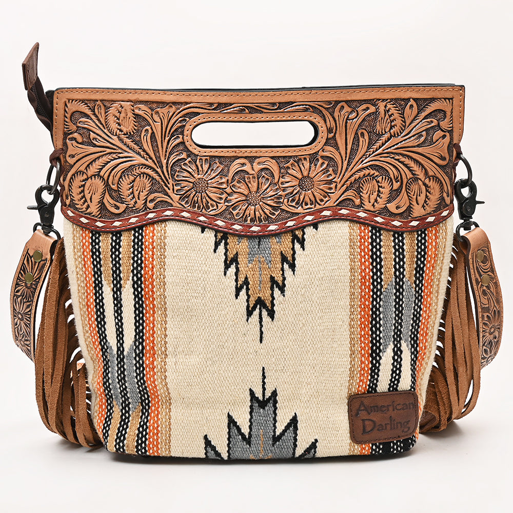 ADBGS146 Aztec Wool & Tooled Leather Shoulder Bag - Western Fringe Crossbody