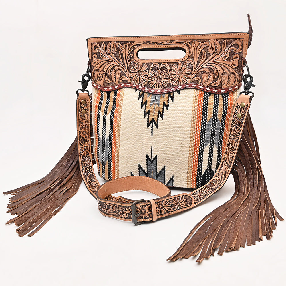 ADBGS146 Aztec Wool & Tooled Leather Shoulder Bag - Western Fringe Crossbody