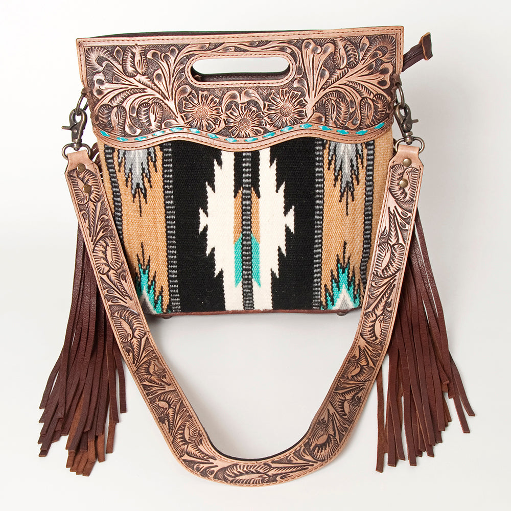 ADBGS146 Aztec Wool & Tooled Leather Shoulder Bag - Western Fringe Crossbody