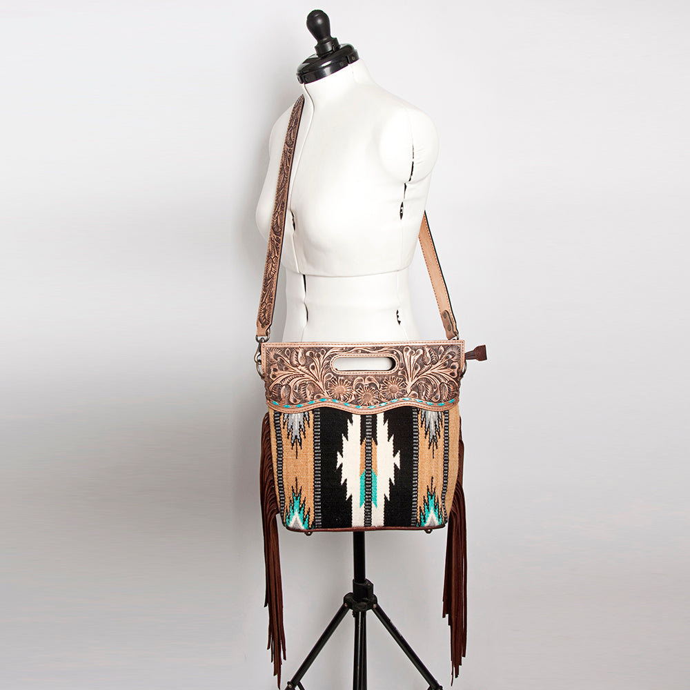 ADBGS146 Aztec Wool & Tooled Leather Shoulder Bag - Western Fringe Crossbody