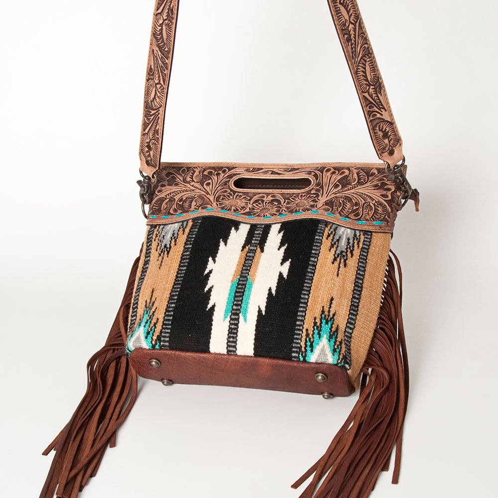 ADBGS146 Aztec Wool & Tooled Leather Shoulder Bag - Western Fringe Crossbody