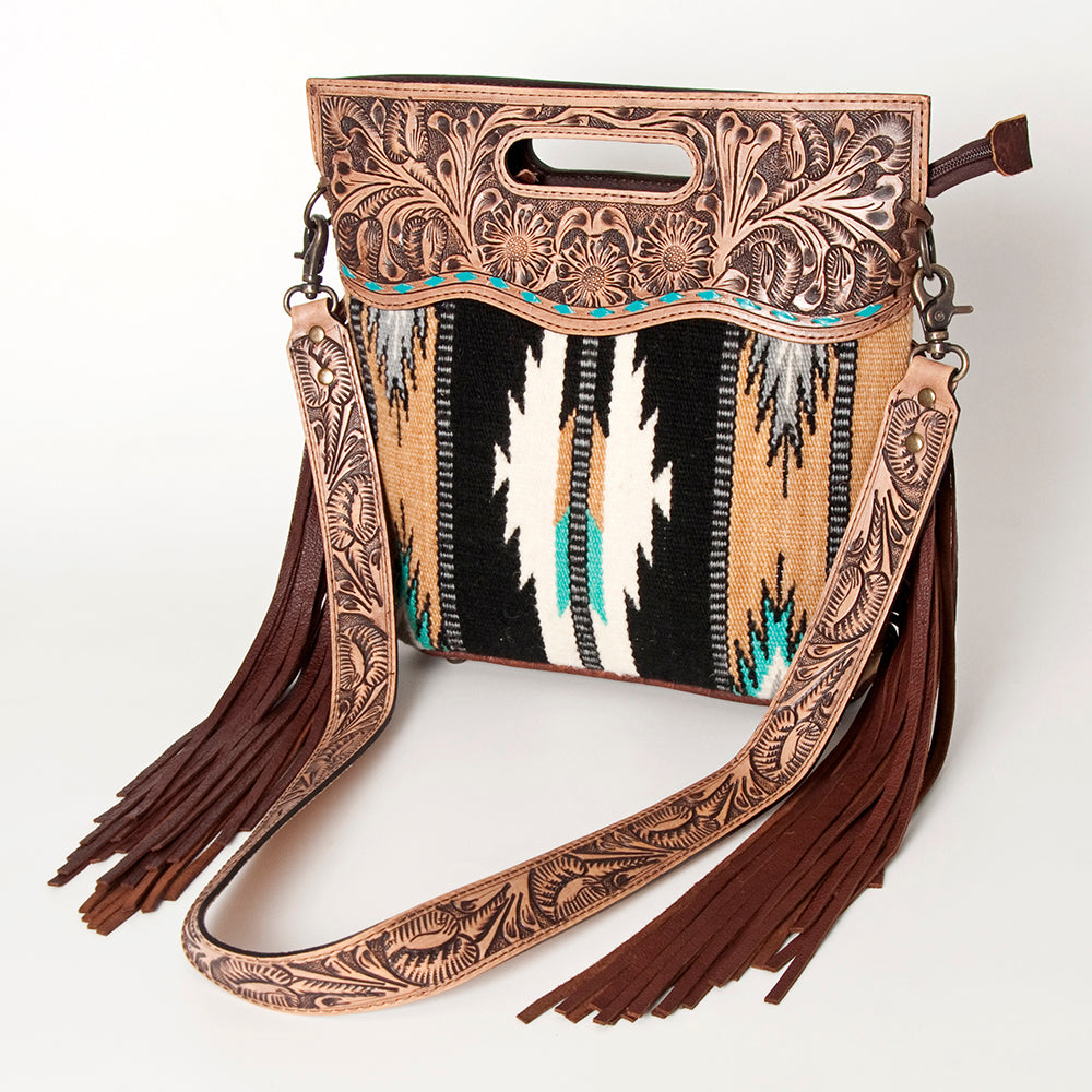 ADBGS146 Aztec Wool & Tooled Leather Shoulder Bag - Western Fringe Crossbody