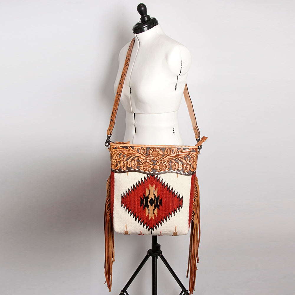 ADBG510 Tooled Leather & Saddle Blanket Crossbody Bag Western Fringe Purse by American Darling