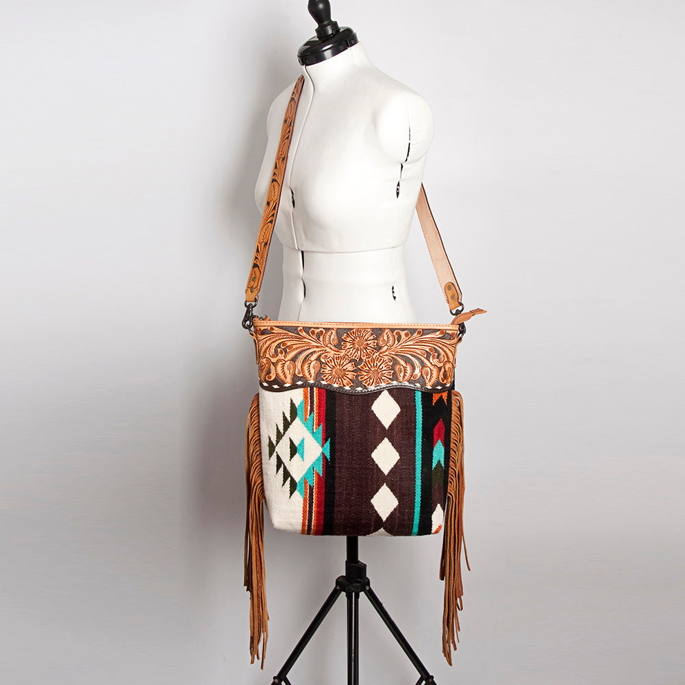 ADBG510 Tooled Leather & Saddle Blanket Crossbody Bag Western Fringe Purse by American Darling