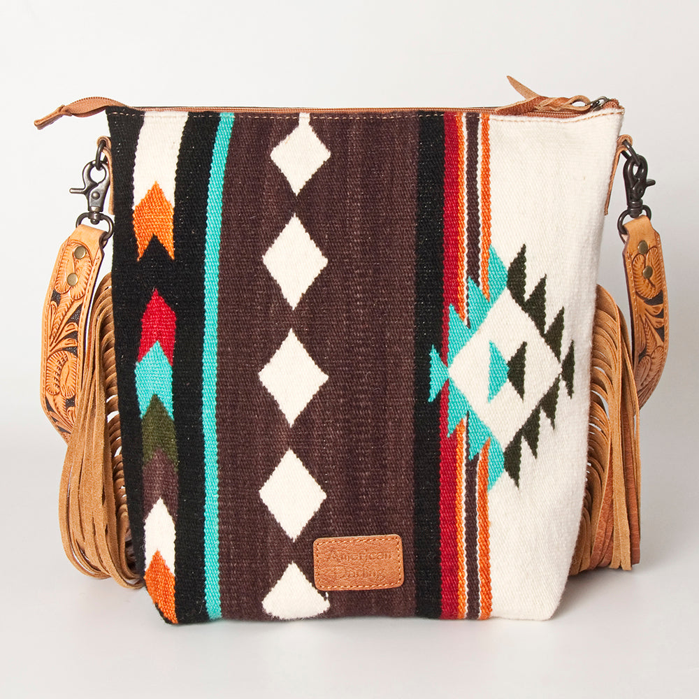 ADBG510 Tooled Leather & Saddle Blanket Crossbody Bag Western Fringe Purse by American Darling