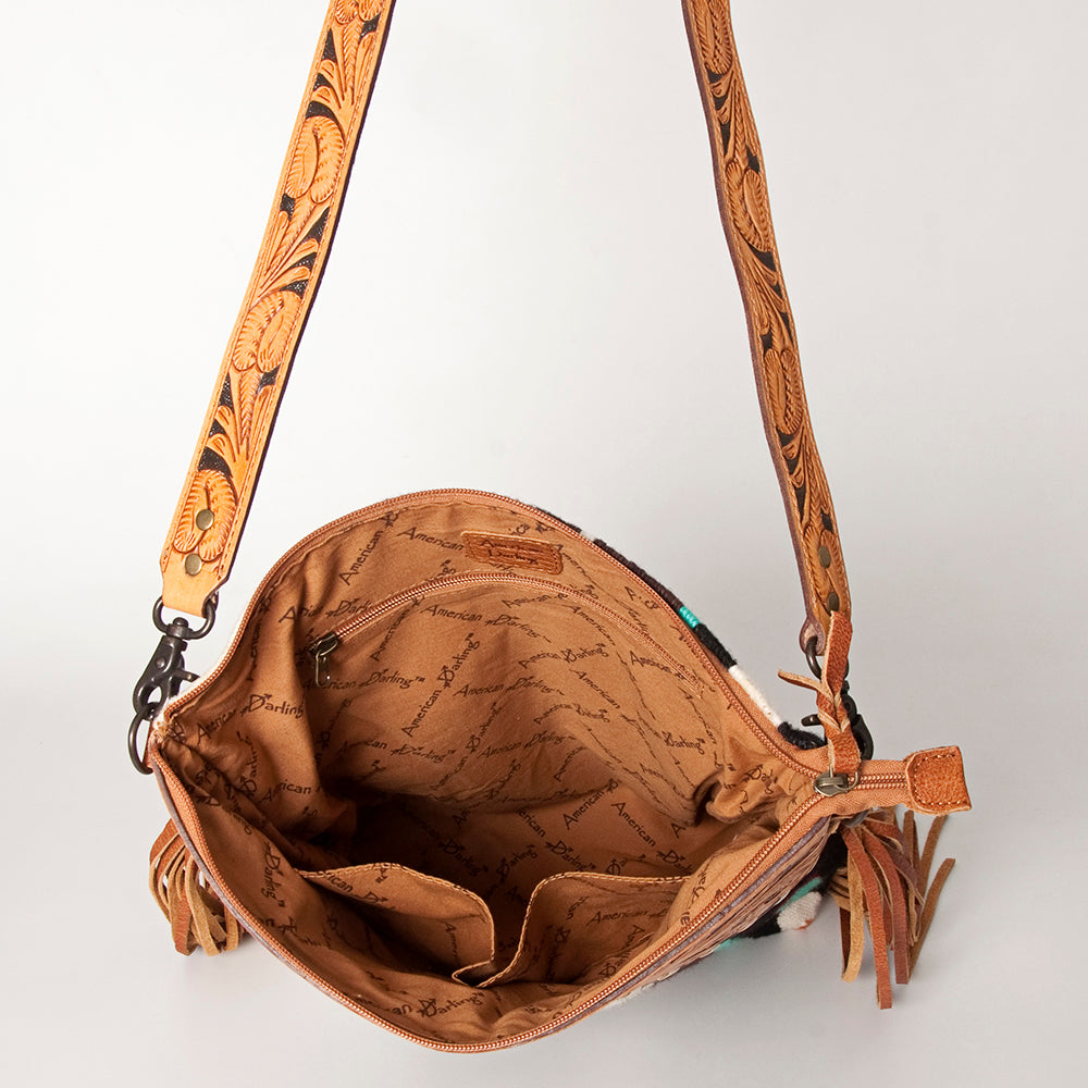 ADBG510 Tooled Leather & Saddle Blanket Crossbody Bag Western Fringe Purse by American Darling