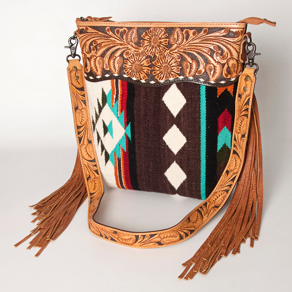 ADBG510 Tooled Leather & Saddle Blanket Crossbody Bag Western Fringe Purse by American Darling