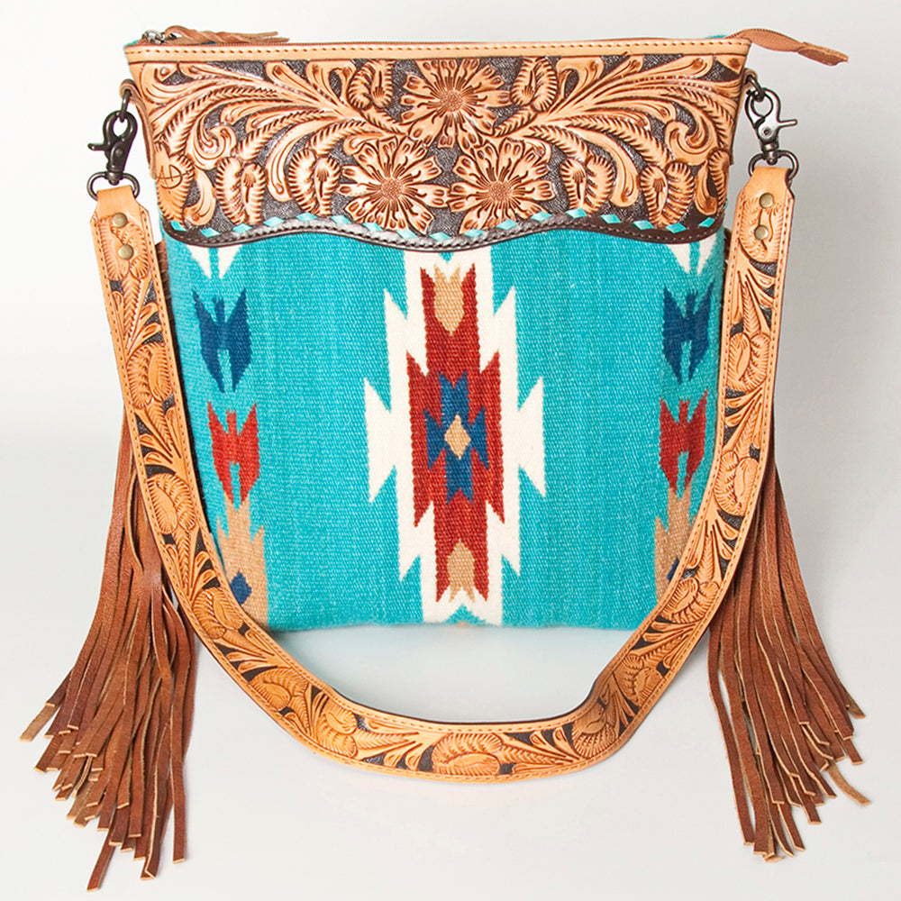 ADBG510 Tooled Leather & Saddle Blanket Crossbody Bag Western Fringe Purse by American Darling