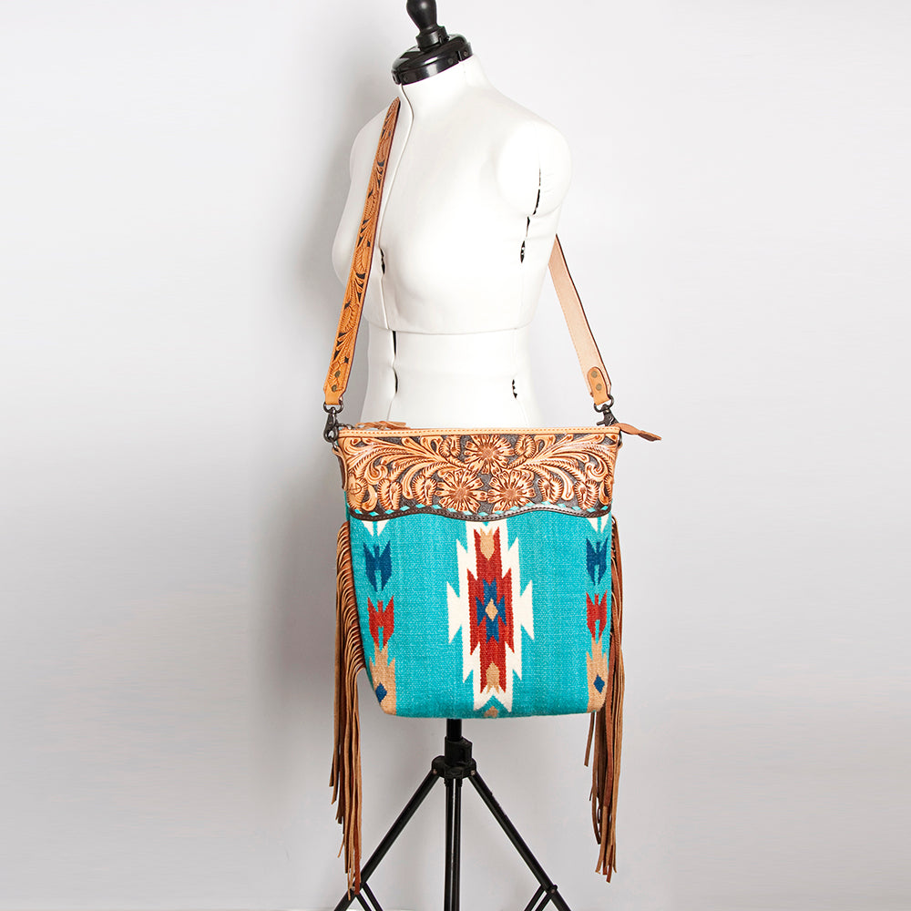 ADBG510 Tooled Leather & Saddle Blanket Crossbody Bag Western Fringe Purse by American Darling