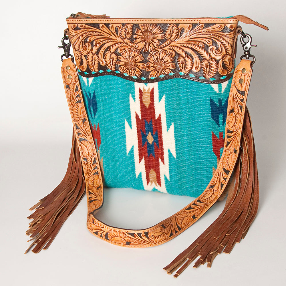 ADBG510 Tooled Leather & Saddle Blanket Crossbody Bag Western Fringe Purse by American Darling