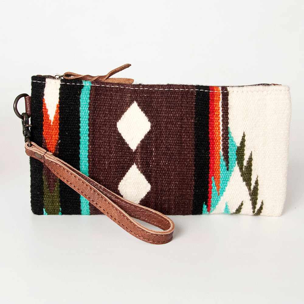 ADBG344 Southwestern Wool Wristlet Clutch with Tribal Pattern & Leather Strap