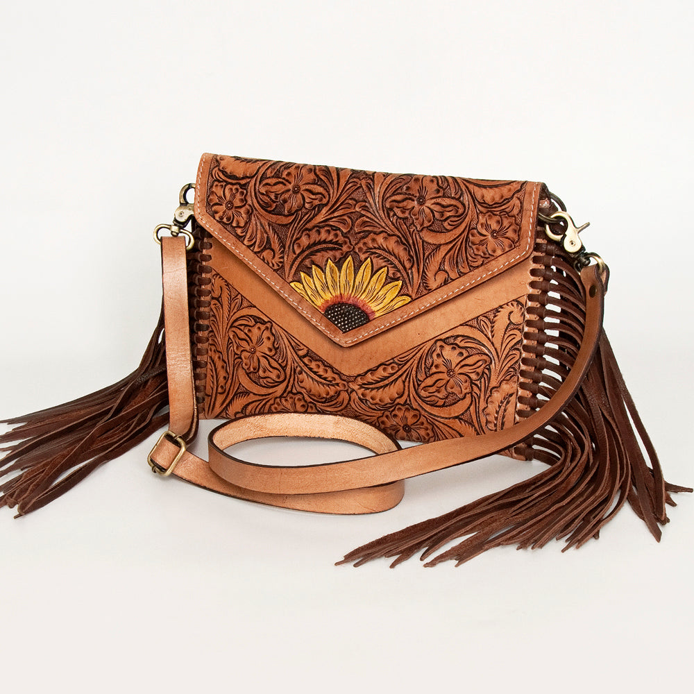 LC-ADBGA290 American Darling Hand Tooled Leather Crossbody with Floral design & Fringe