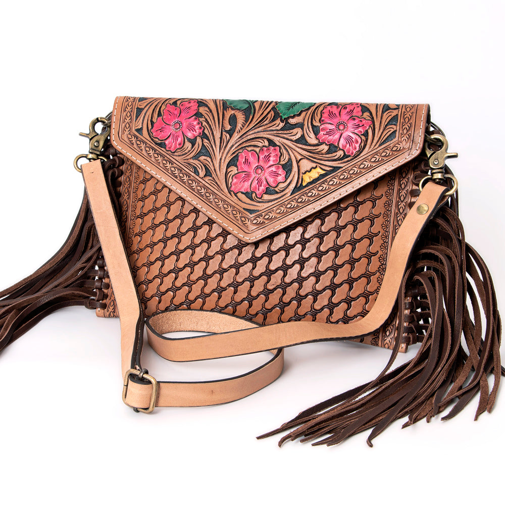 LC-ADBGA290 American Darling Hand Tooled Leather Crossbody with Floral design & Fringe