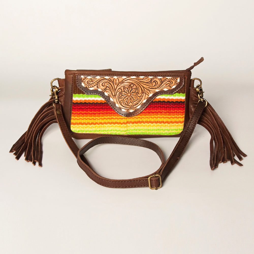 LC-ADBGA188 Southwestern Wool & Leather Fringe Crossbody Bag with Hand-Tooled Flap