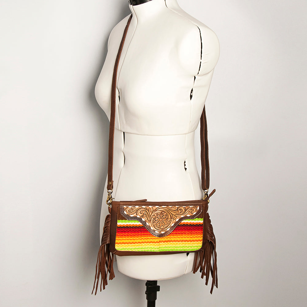 LC-ADBGA188 Southwestern Wool & Leather Fringe Crossbody Bag with Hand-Tooled Flap