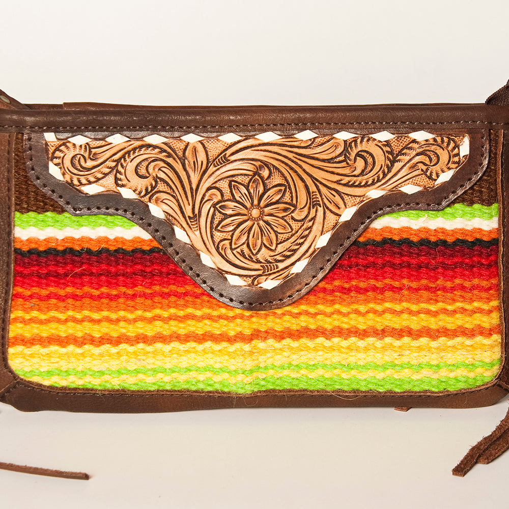 LC-ADBGA188 Southwestern Wool & Leather Fringe Crossbody Bag with Hand-Tooled Flap