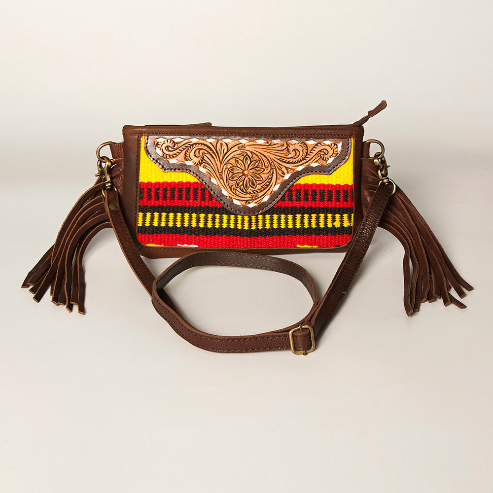 LC-ADBGA188 Southwestern Wool & Leather Fringe Crossbody Bag with Hand-Tooled Flap